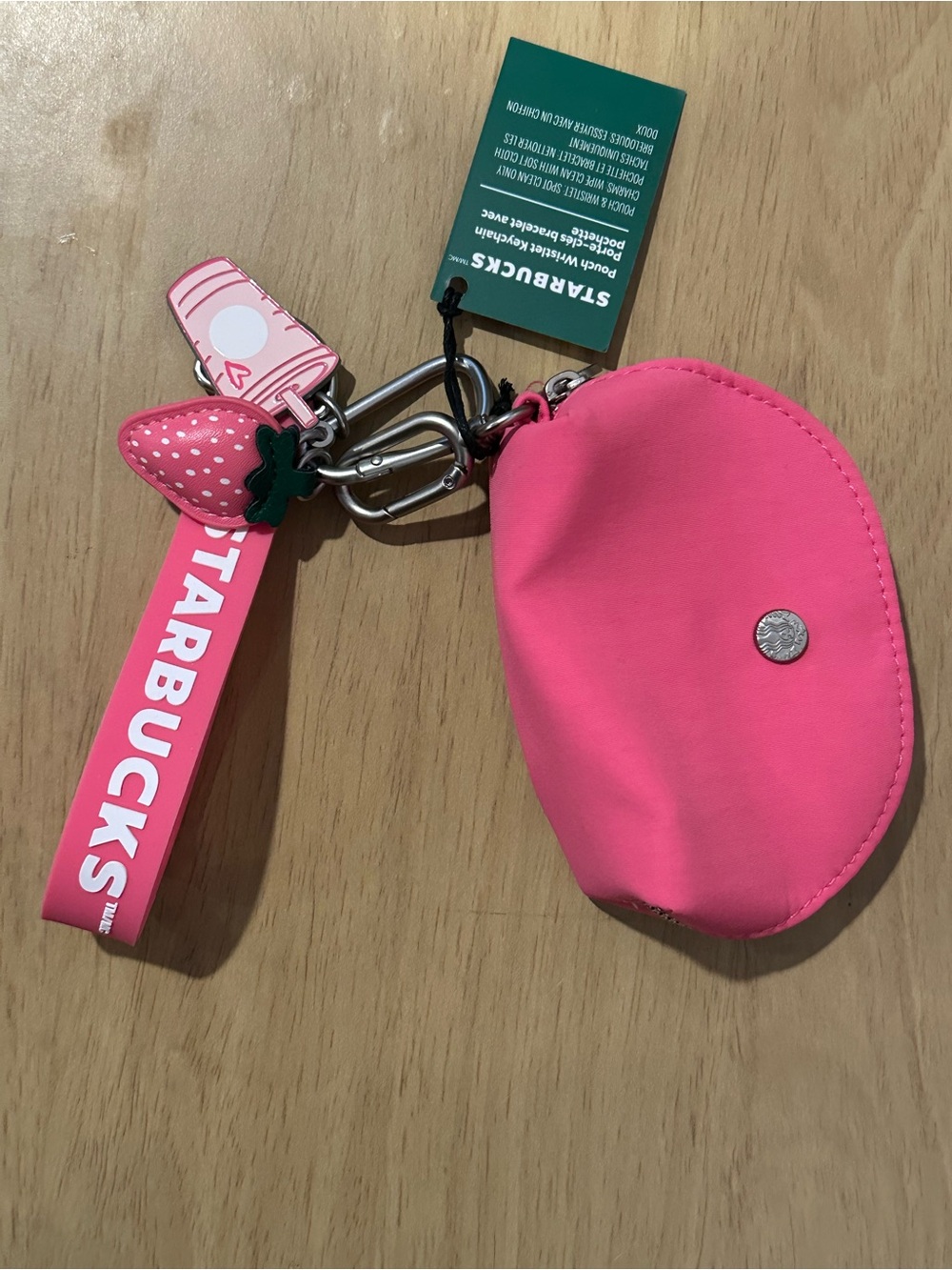 Starbucks Hot Pink Wristlet Pouch with Strawberry Charm